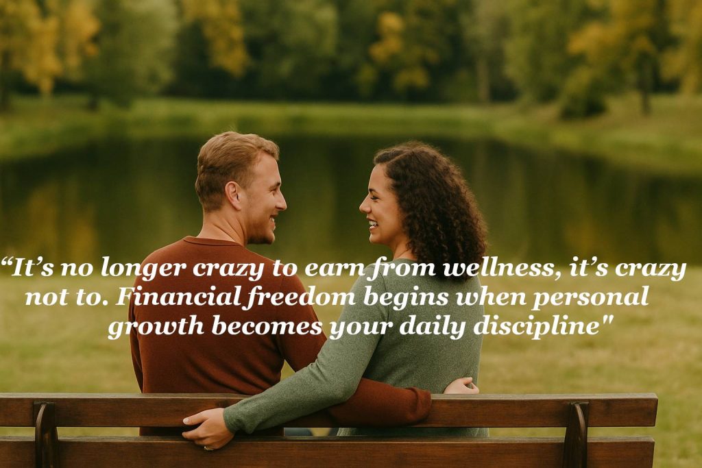 Couple sitting on a park bench reflecting on financial freedom through wellness and personal growth.